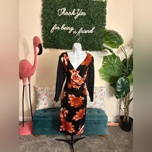 Black & Orange Floral Long-Sleeve Wrap Dress